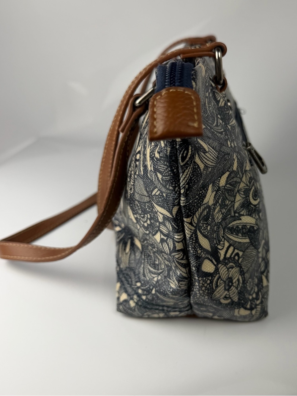 Sakroots Floral Canvas Tote Bag Brown Leather Straps Zip Top - Picture 5 of 14
